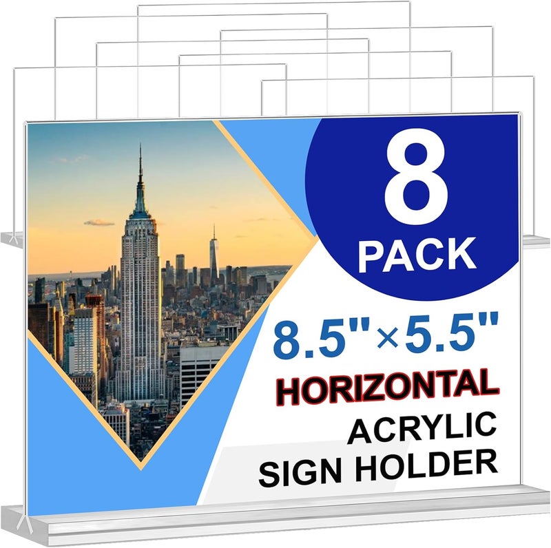 Arrobust Acrylic Sign Holder 8.5 x 5.5 Horizontal, 8Pack Double-Sided Standup Table Top Clear Sign Holders, T Shape Plastic Acrylic Picture Frame Menu Flyer Paper Holder Display Stands for Office Store Wedding - Image 1